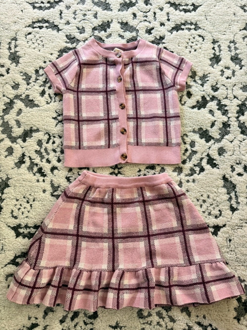 Girls Pink Plaid Knit Matching Set - Top & Skirt